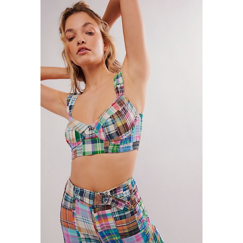 New FREE PEOPLE Keep Me Plaid Pants Set $248 SIZE 8 Patchwork MULTI MADRAS