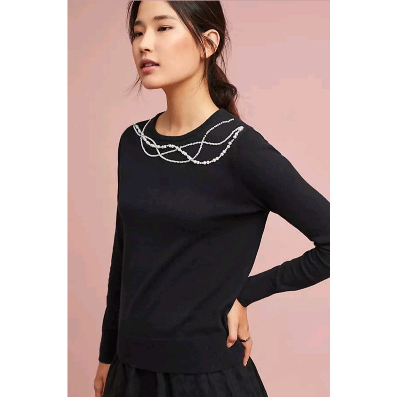 New Anthropologie by Field Flower Pearled Collar Pullover $138 Size Small