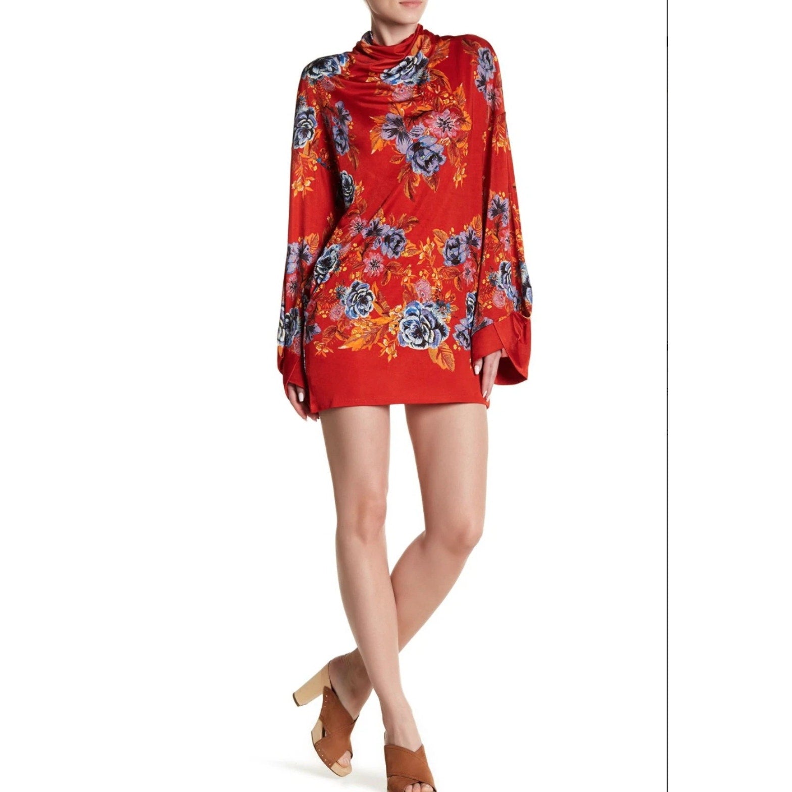 New Free People 2 AM Mini Dress Mock Neck  $168 SMALL Red  Floral Open-Back