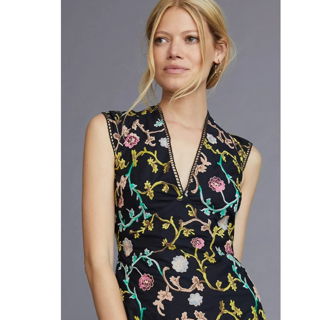 New By Anthropologie Floral Embroidered Mini Dress $298 SIZE 6 Black