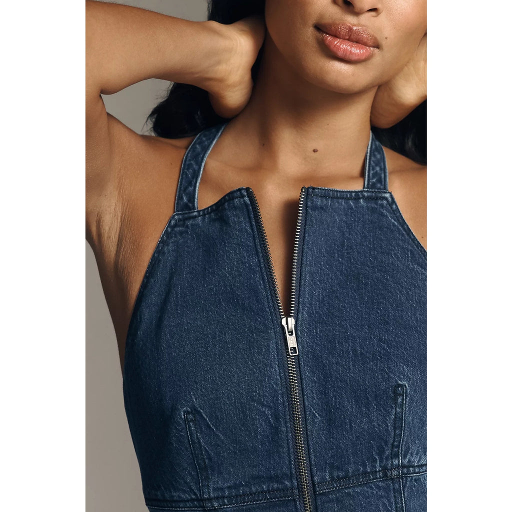 New Anthropologie Pilcro Zip-Front Denim Halter Midi Dress $168 MEDIUM Dark Blue Anthropologie