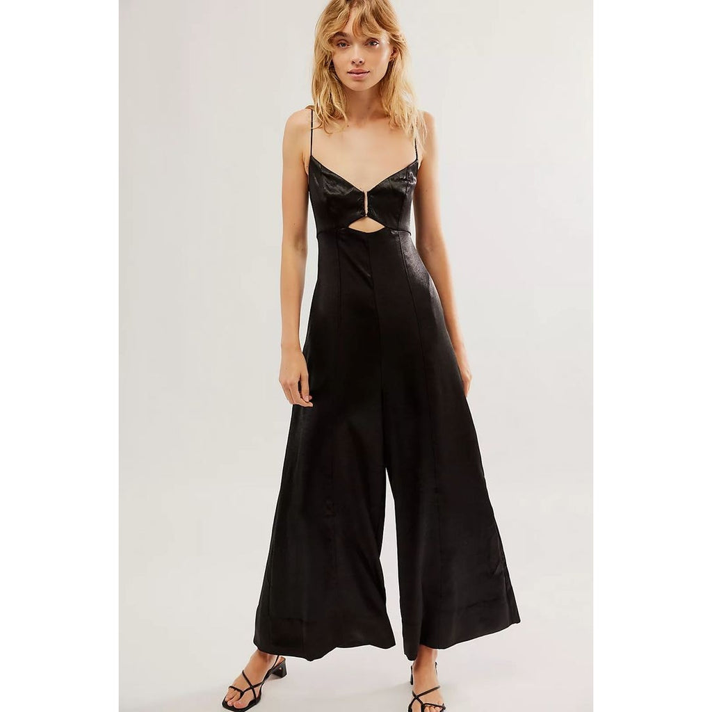 New FREE PEOPLE Abbie Jumpsuit SATIN $250 SIZE 2 Black SPECIAL OCCASION Wideleg