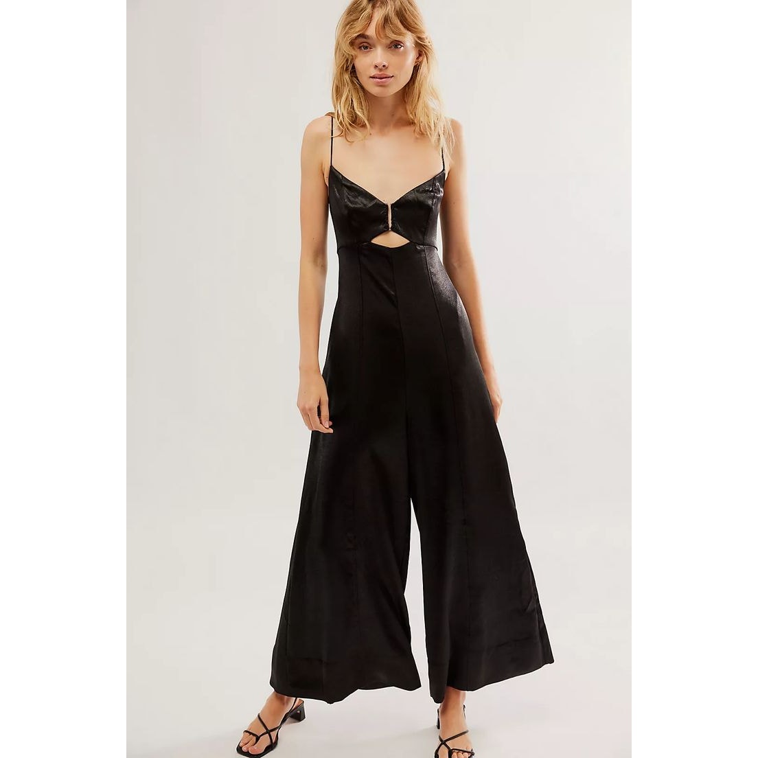 New FREE PEOPLE Abbie Jumpsuit SATIN $250 SIZE 2 Black SPECIAL OCCASION Wideleg