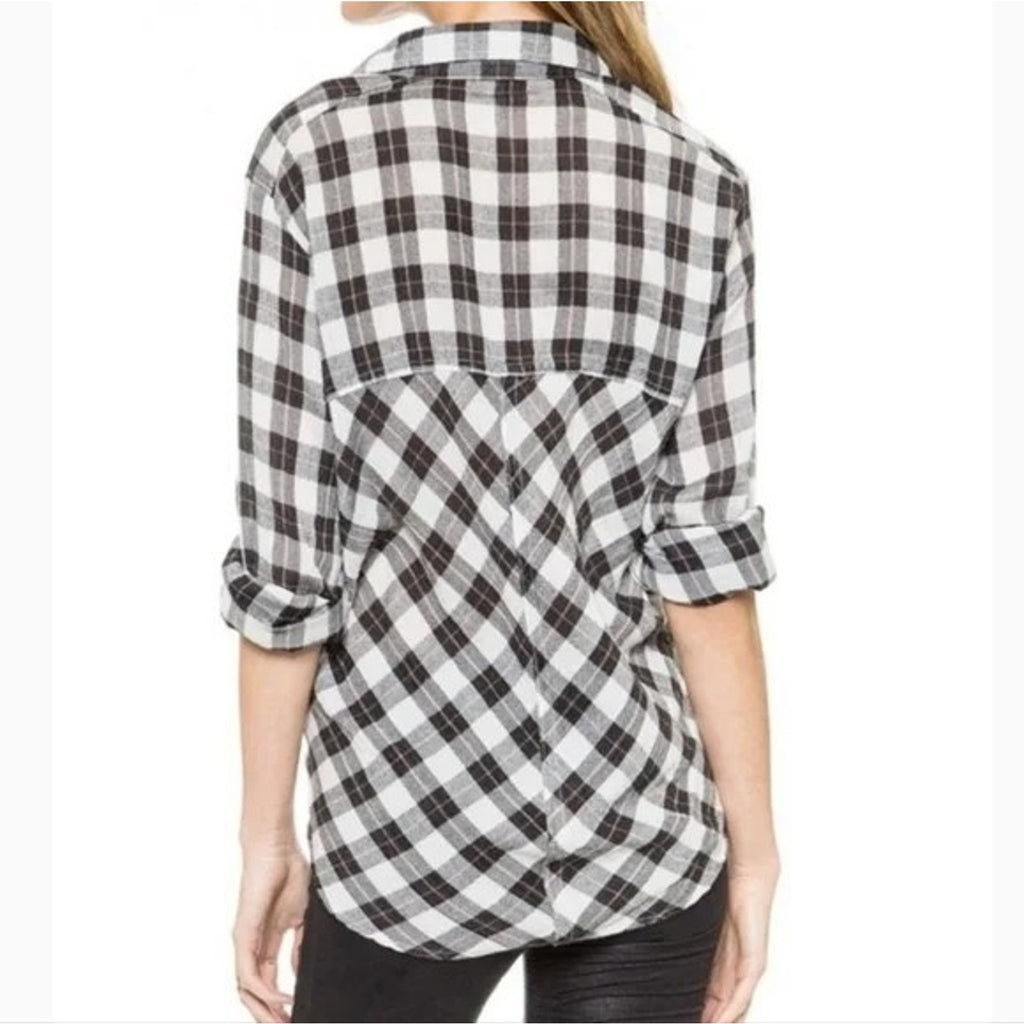 New Free People Plaid Lace Up Shoulder Snap Long Sleeve Top in B&W $108 Small