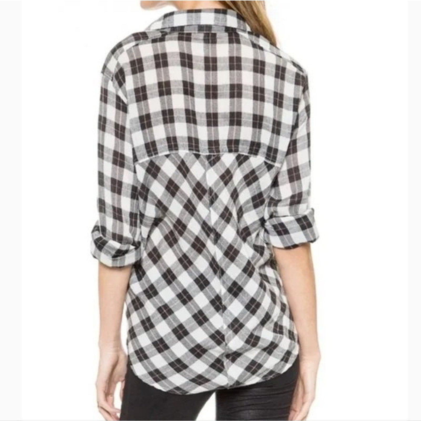 New Free People Plaid Lace Up Shoulder Snap Long Sleeve Top in B&W $108 Small