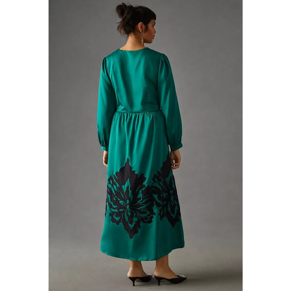 New Anthropologie Nikasha Embroidered Satin Dress $260 XXS Green