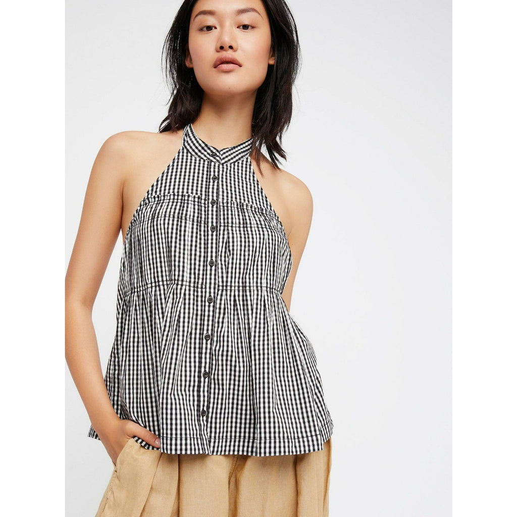 NEW Free People Take It Easy Gingham Halter Top Size Large Black & White