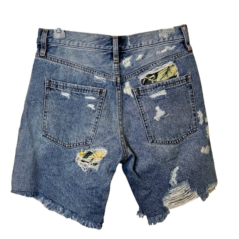 New Free People WTF Distressed Patched Denim Shorts $128 SIZE 25 Blue/Yellow