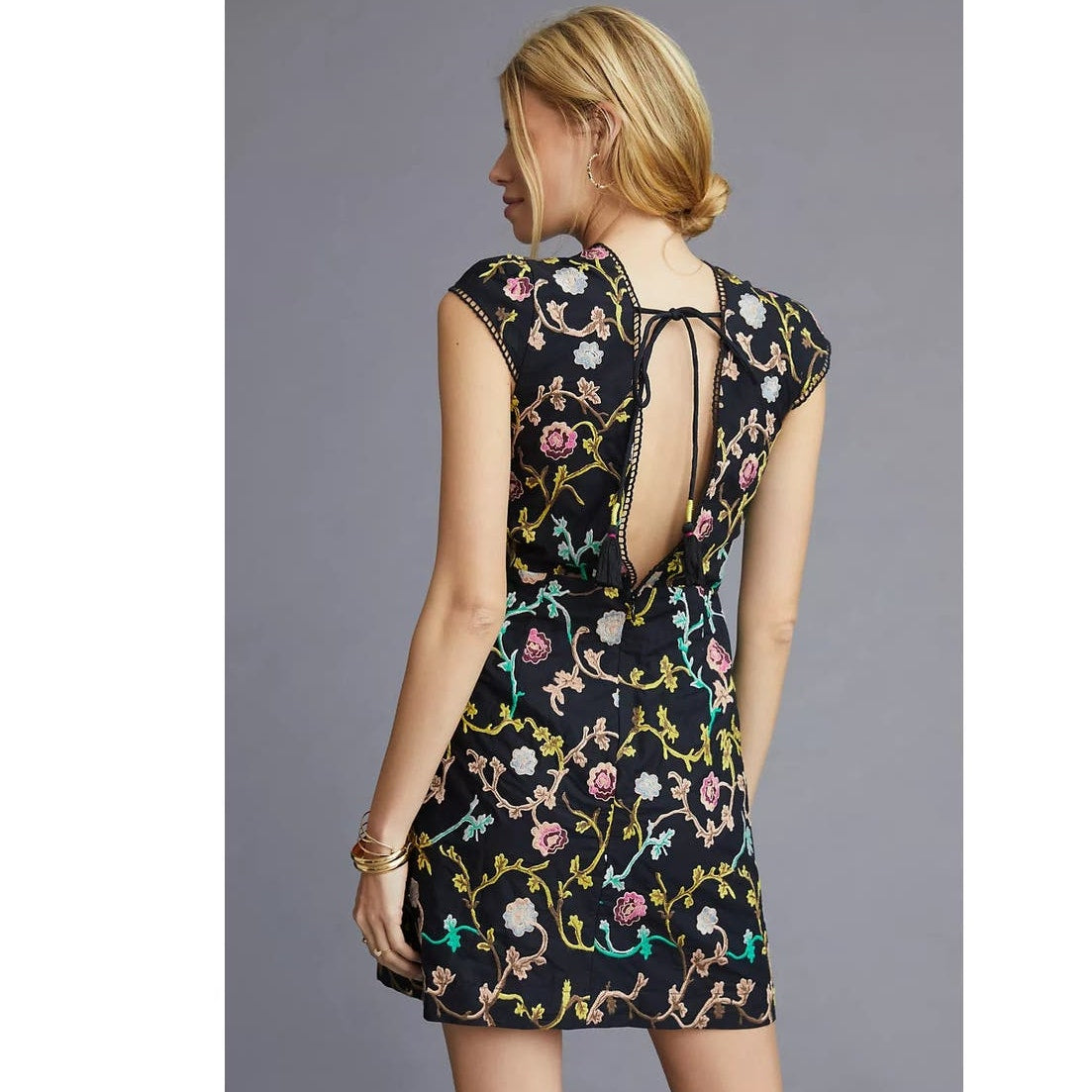 New By Anthropologie Floral Embroidered Mini Dress $298 SIZE 6 Black