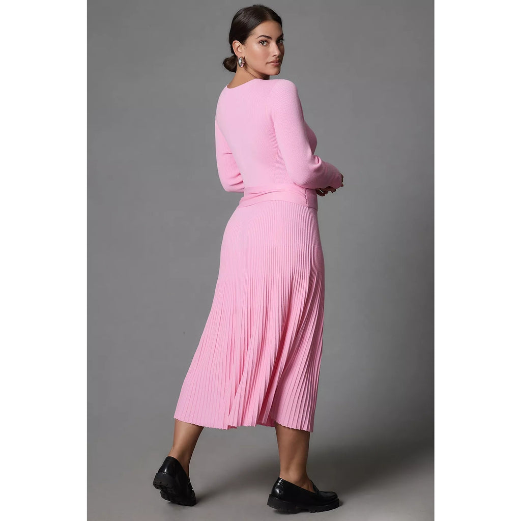 By Anthropologie Long-Sleeve Ribbed Sweater Midi Dress MEDIUM Pink Anthropologie