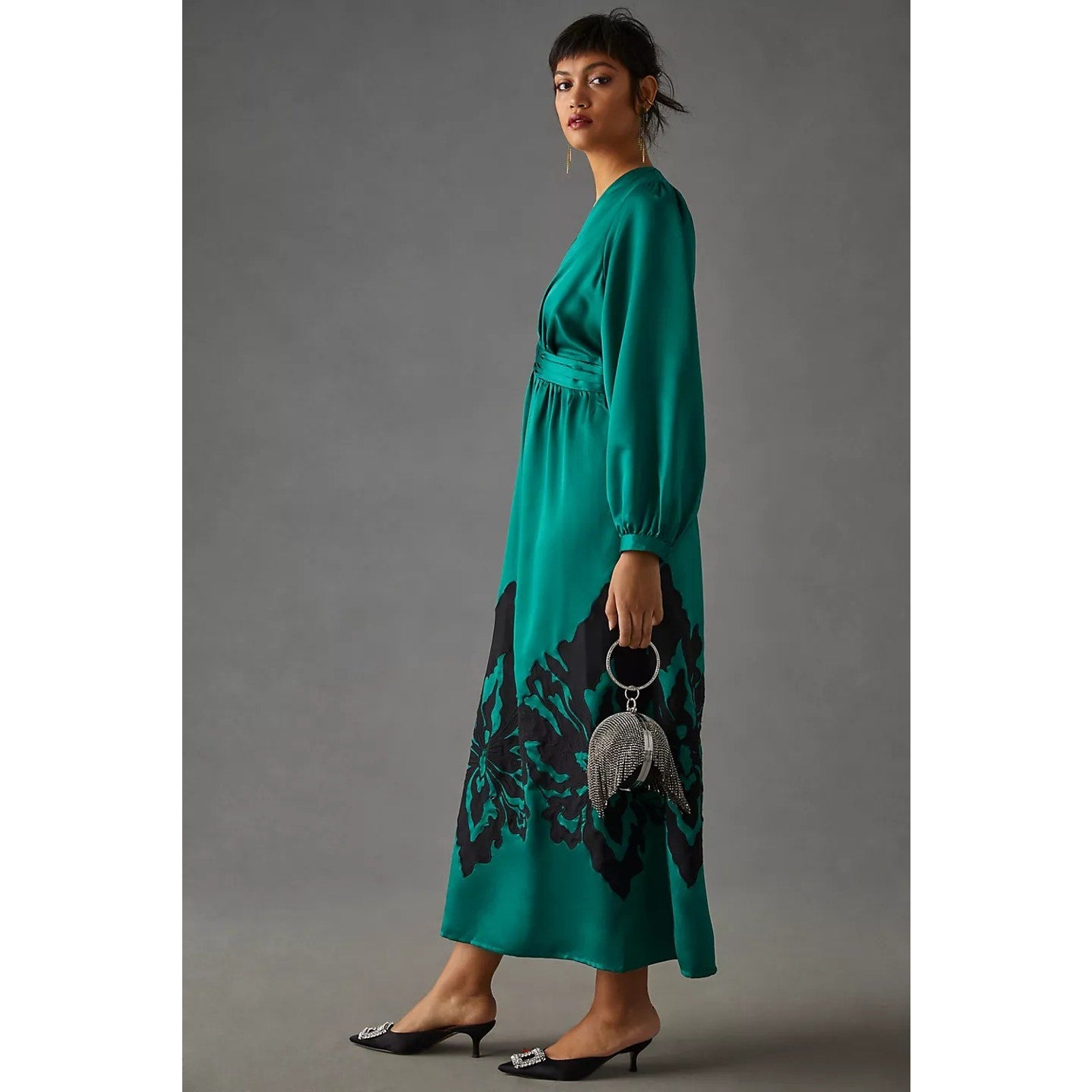 New Anthropologie Nikasha Embroidered Satin Dress $260 XXS Green