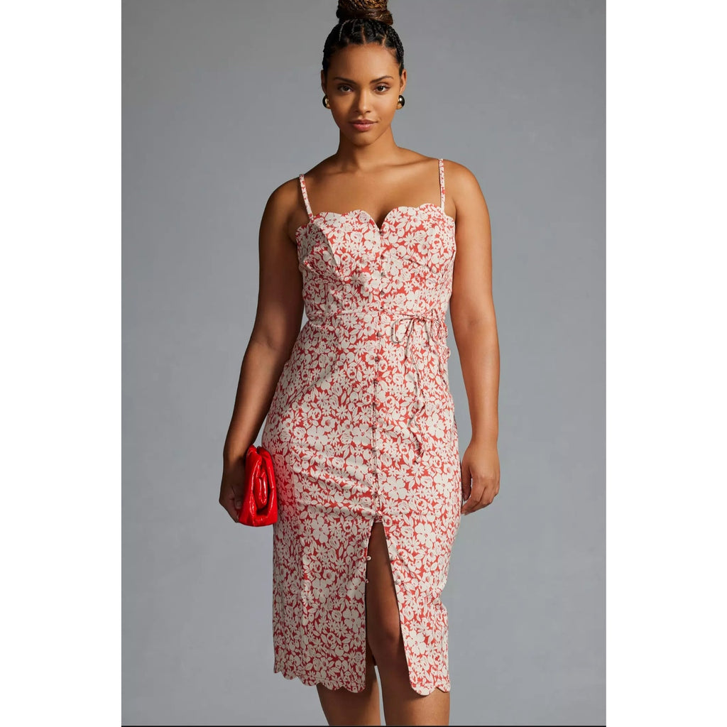 New By Anthropologie Slim Scalloped Front-Slit Corset Dress $170 PLUS 16W Red