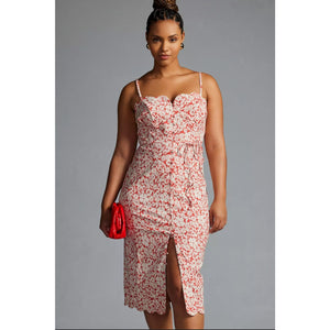 New By Anthropologie Slim Scalloped Front-Slit Corset Dress $170 PLUS 16W Red