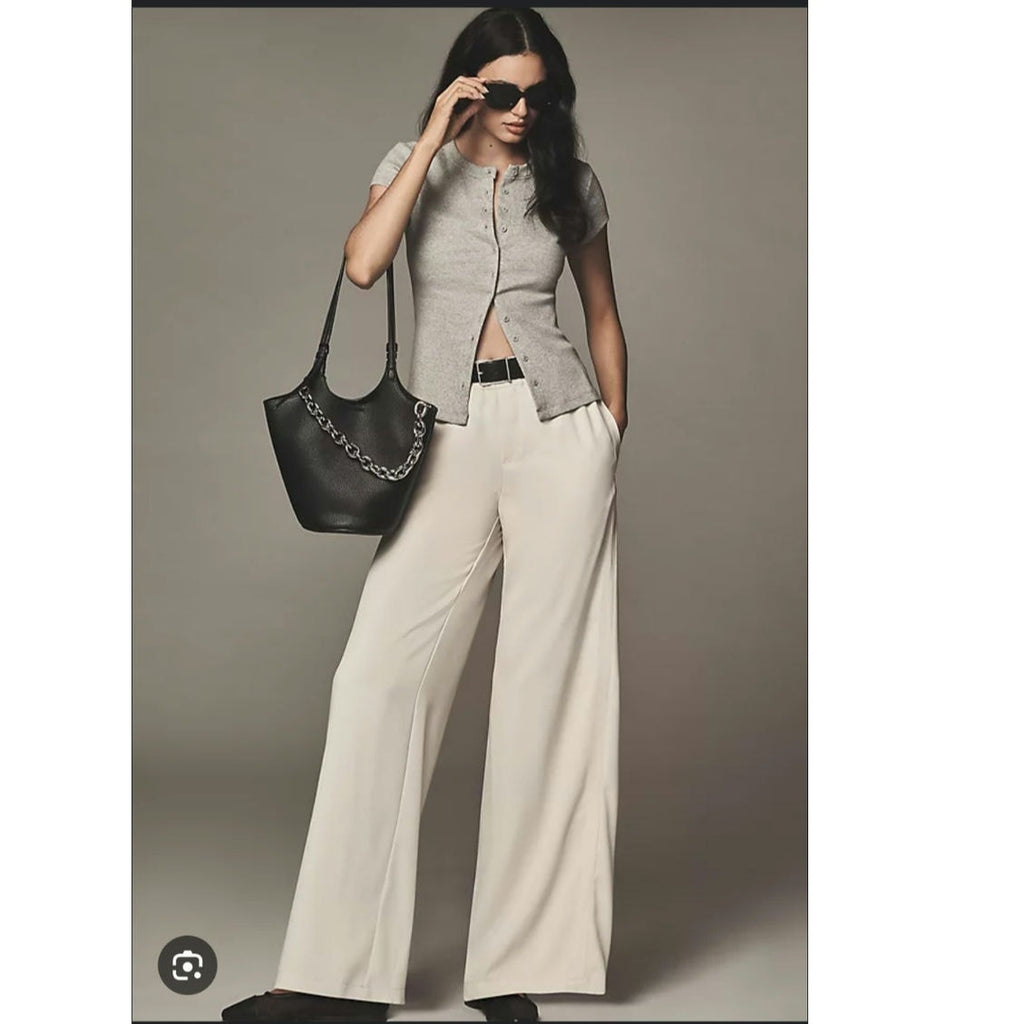 By Anthropologie Soft Pull-On Pants SMALL Ivory CREPE Elastic Waistband Anthropologie
