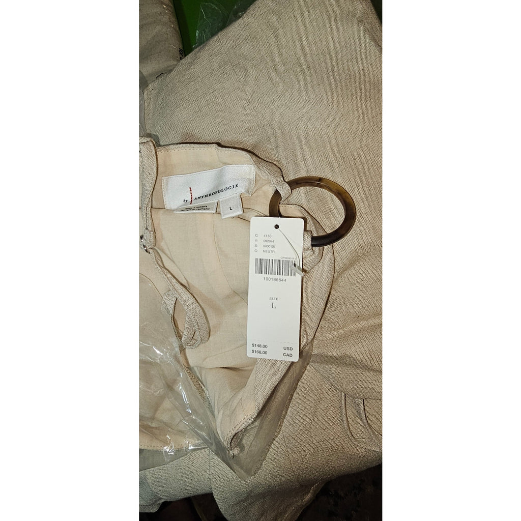 By Anthropologie Smocked Linen Blend Mini Dress LARGE Tan Anthropologie