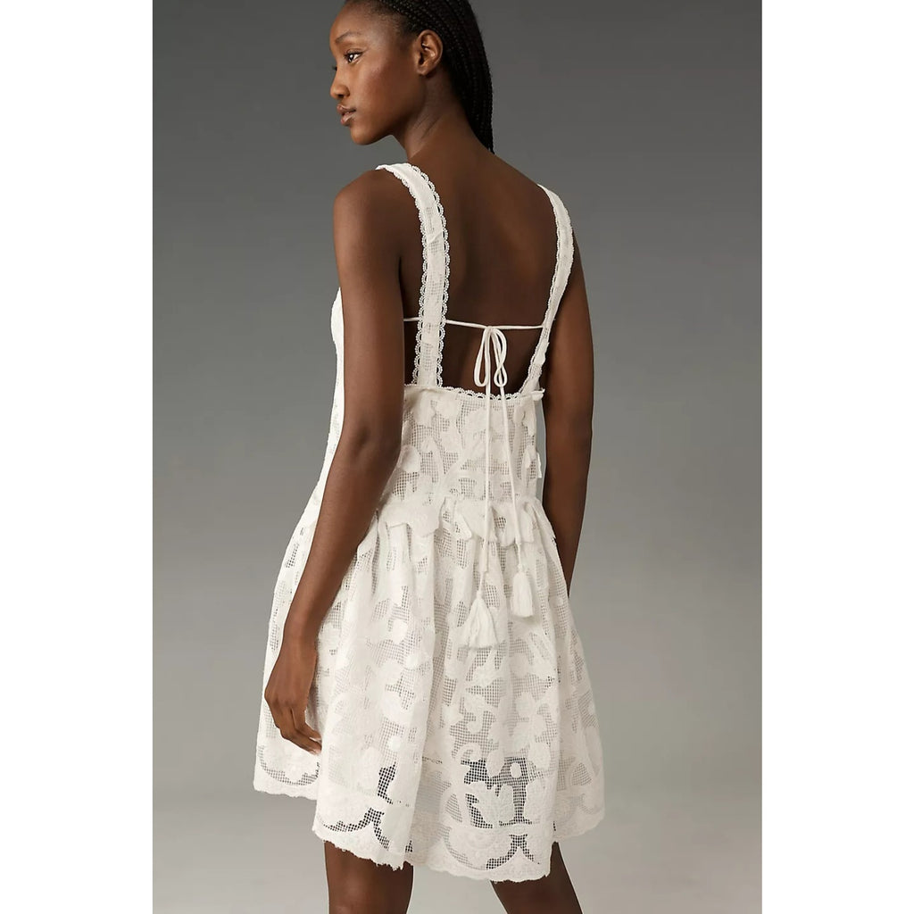 New By Anthropologie Sleeveless V-Neck Lace Swing Mini Dress $288 MEDIUM White