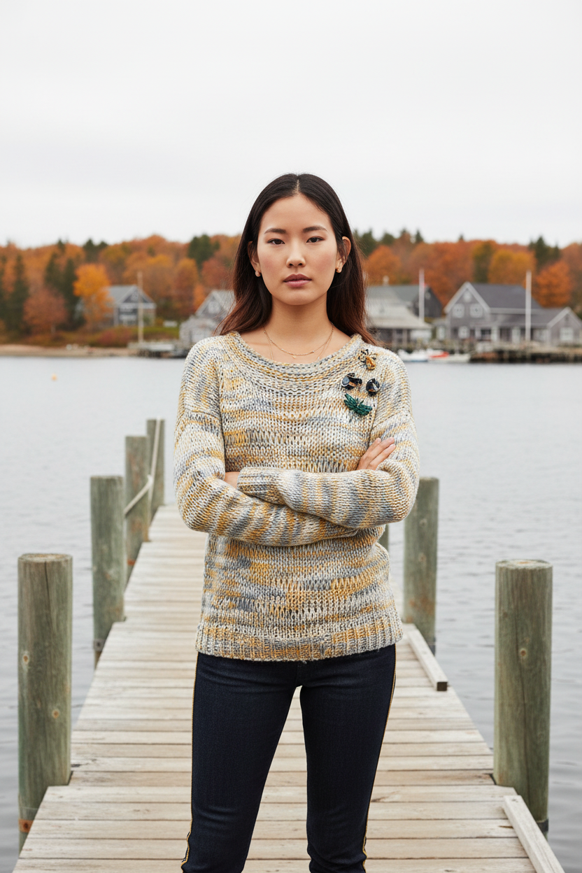 Marled boat-neck knit sweater with long sleeves, speckled light blue and cream