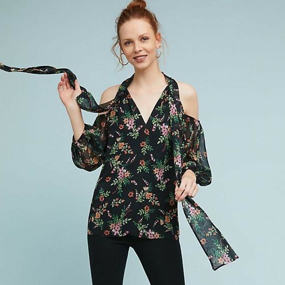 New Anthropologie Shoshanna Open-Shoulder Silk Floral Blouse $350 SMALL Black