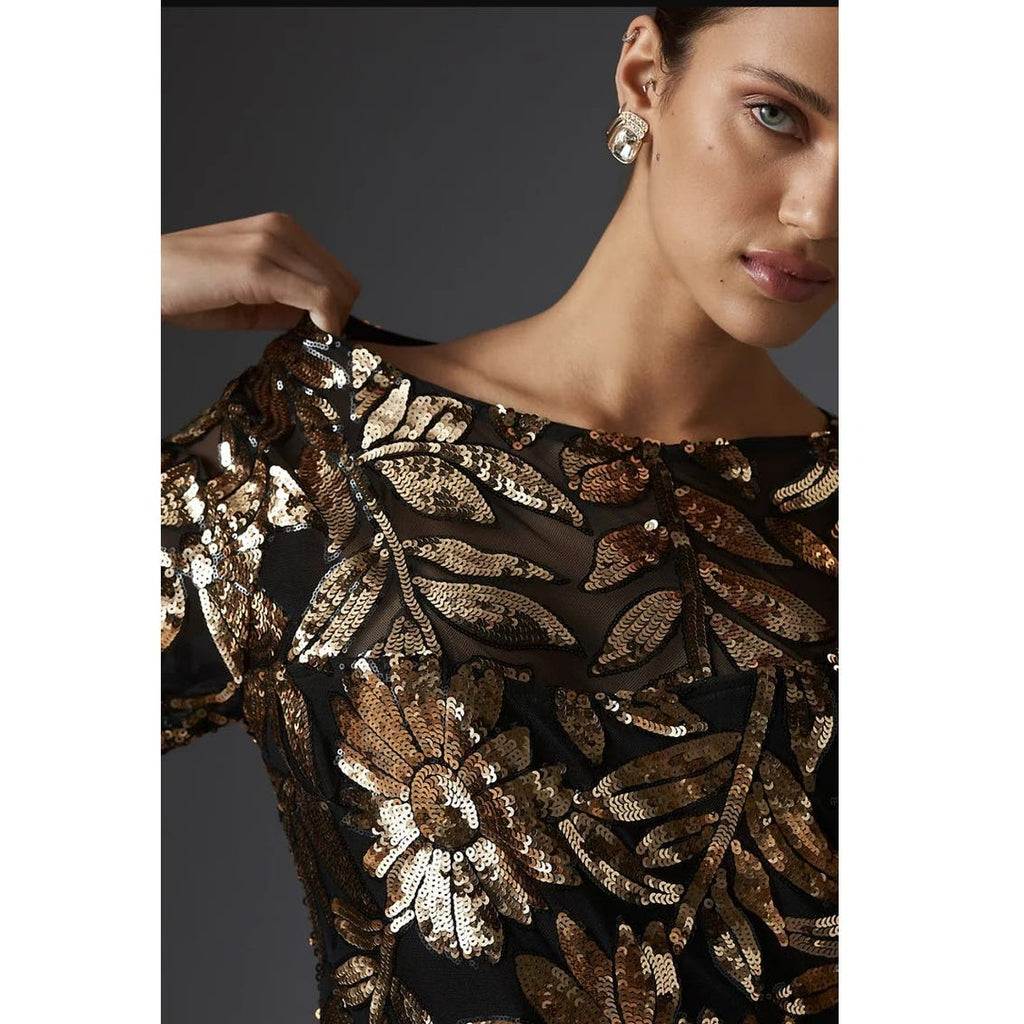 New Anthropologie Maeve Short-Sleeve Sheer Embellished Mini Dress $248 X-SMALL
