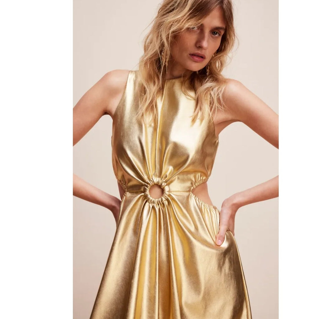 New FREE PEOPLE Jules Kae Lennie Midi Dress $275 SMALL Gold Special Occasion
