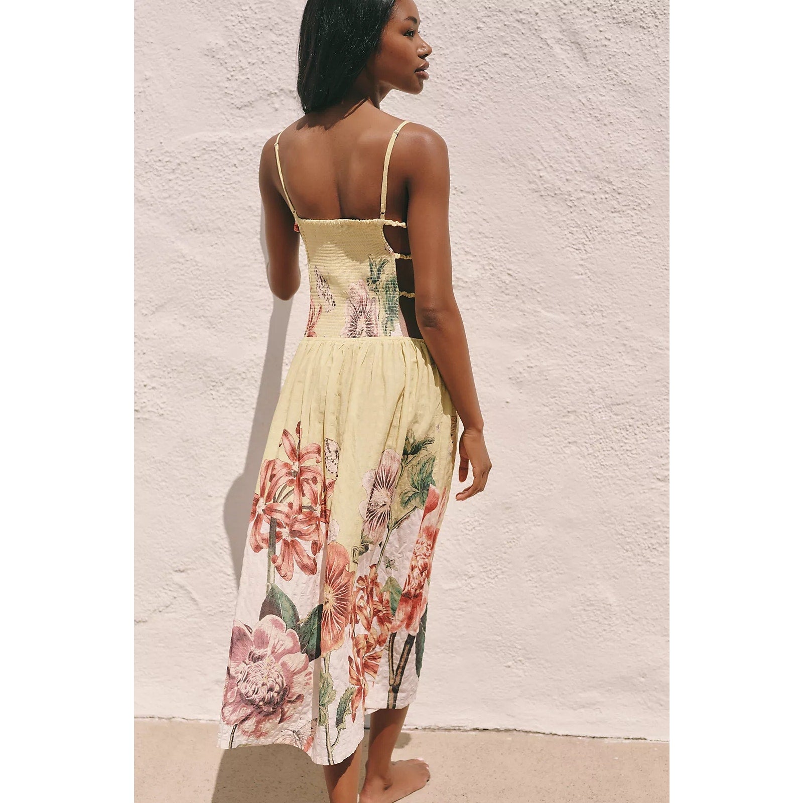 Anthropologie Celandine Beaded Midi Dress MEDIUM Yellow Floral CUTOUTS Anthropologie