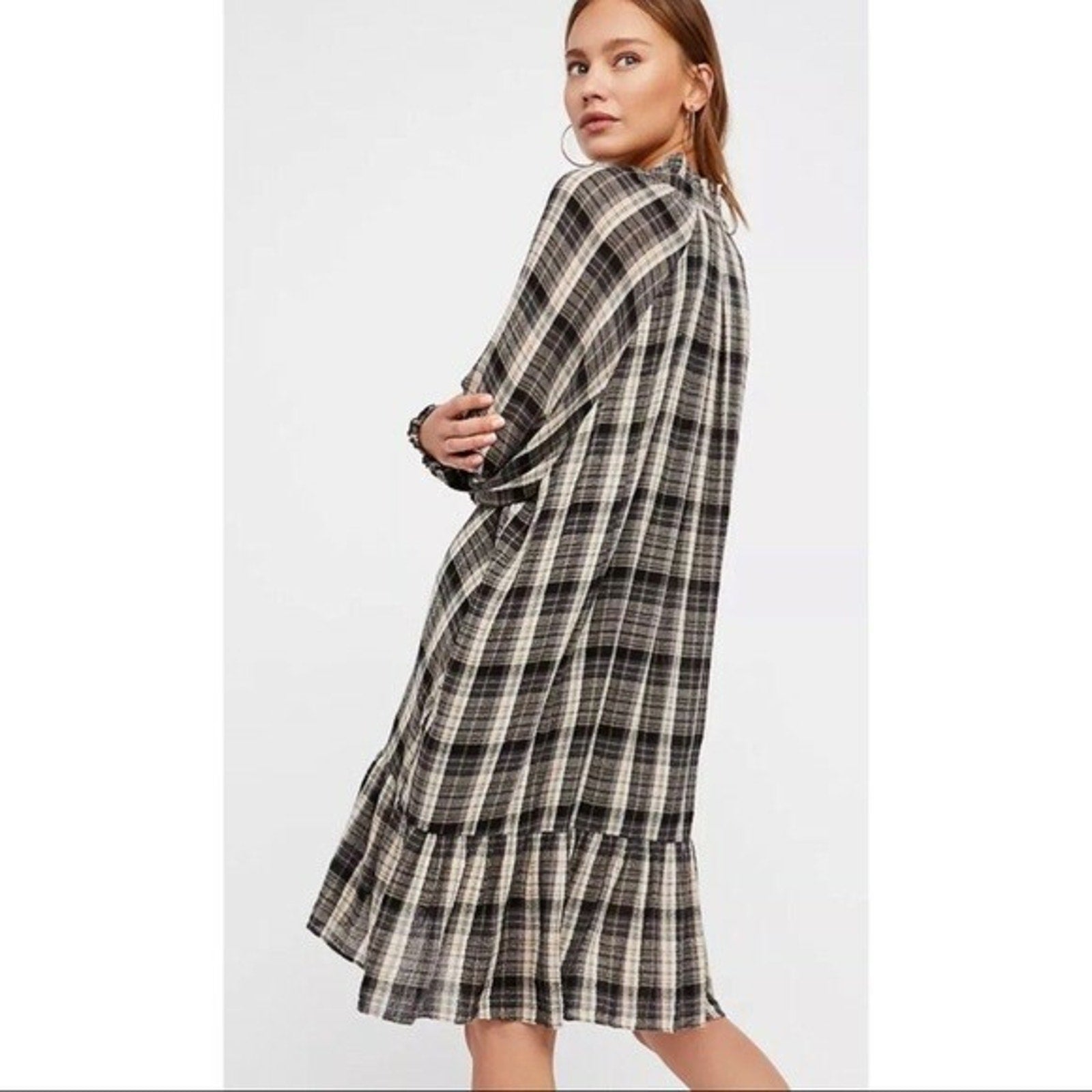 NEW Free People $128 Red Moon Plaid Mini Dress Black/Gray Size XS Pleated