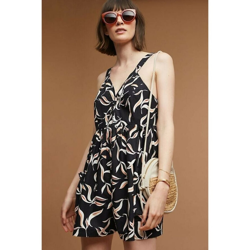 New Anthropologie x Hei Hei Palma Leaf Print Romper $118 Size Small Black