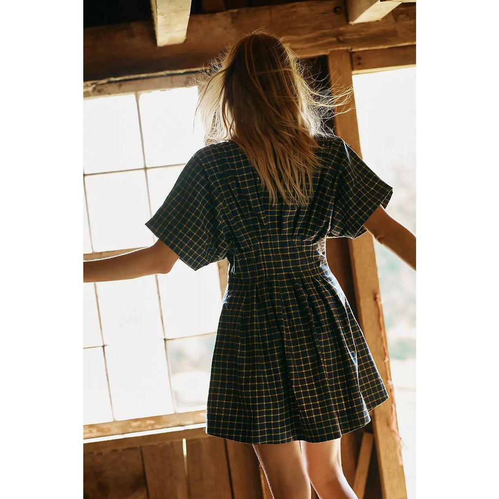 Blue plaid mini shirt dress back view with short sleeves and gathered skirt