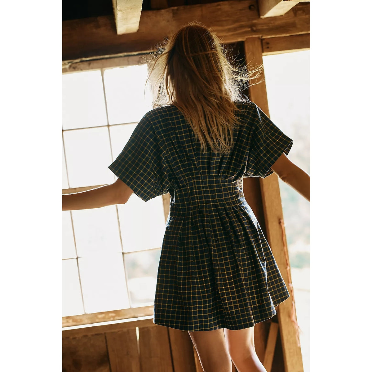 Blue plaid mini shirt dress back view with short sleeves and gathered skirt