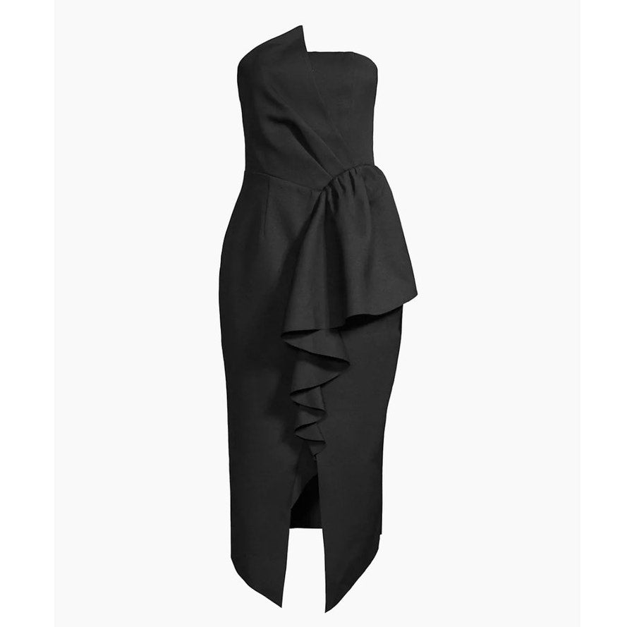 New Elliatt Reception Ruffled Strapless Dress $170 SMALL Black Midi LBD