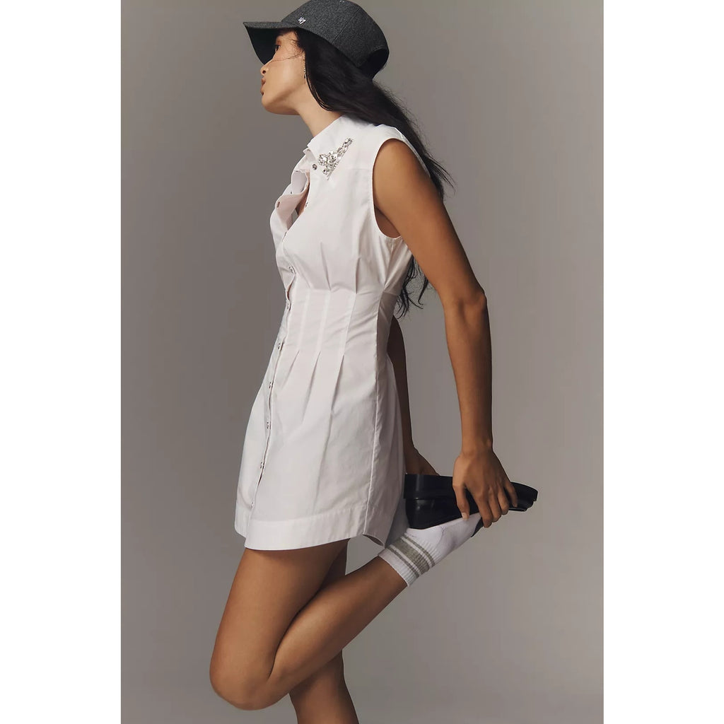 New Anthropologie Siempre Embellished Collar Pleated Mini Shirt Dress XL White
