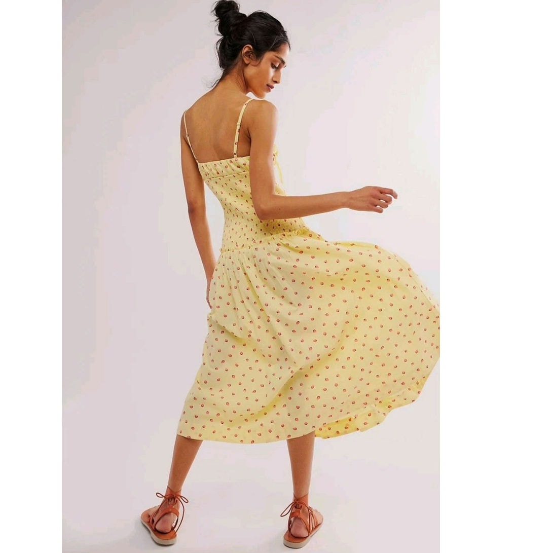 FREE PEOPLE Lavender Daze Dress MIDI LARGE Yellow Strawberry Free People