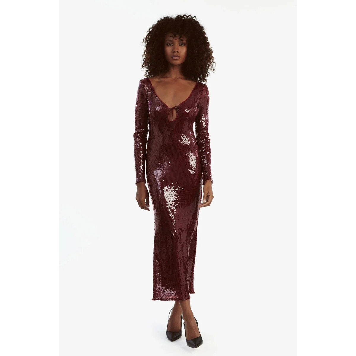 New ANTHROPOLOGIE Bardot Verona Long-Sleeve Sequin Slim Midi Dress SIZE 10 WINE