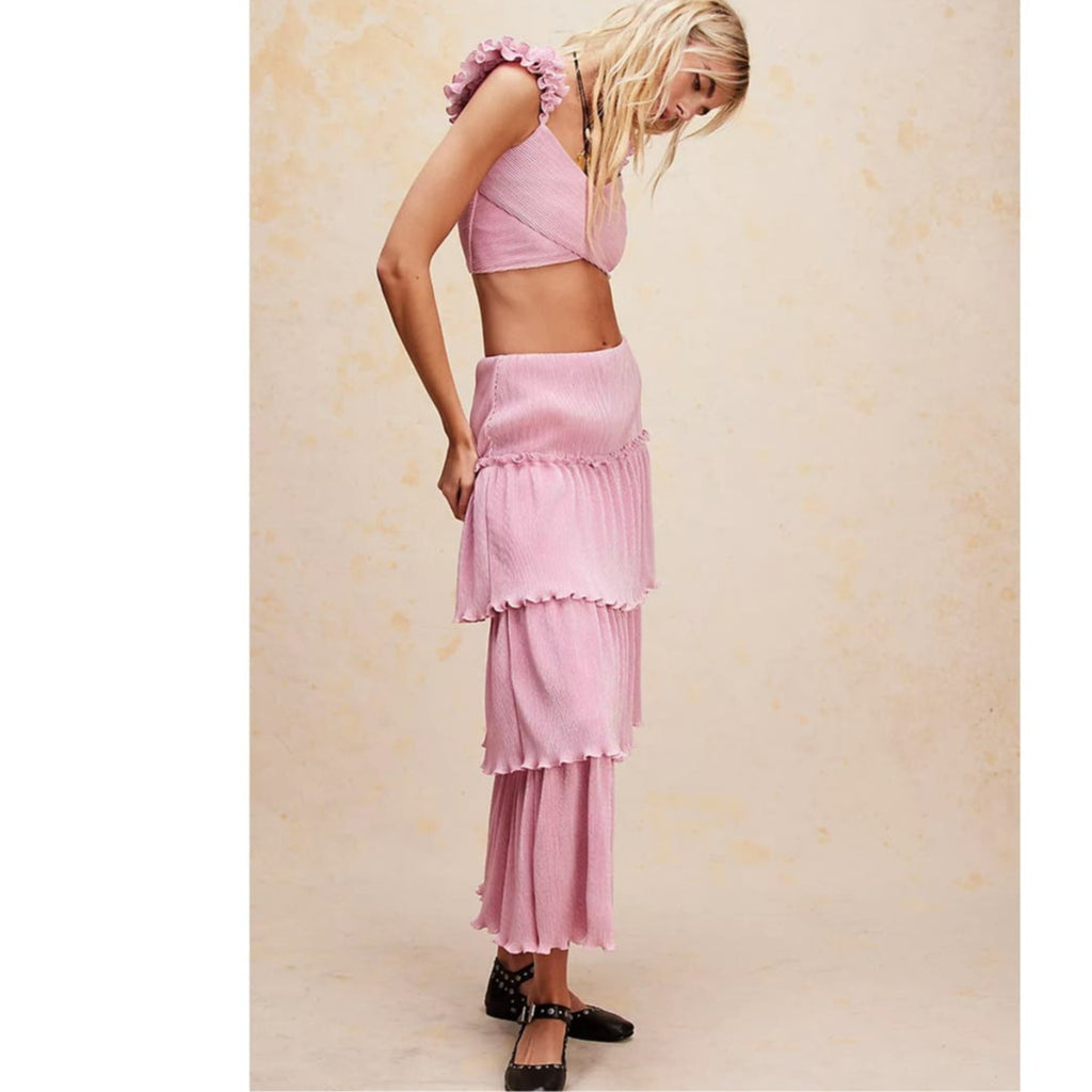 New Free People Saylor Gianna Midi Skirt Set $308 X-SMALL Pink Metallic Crop Top