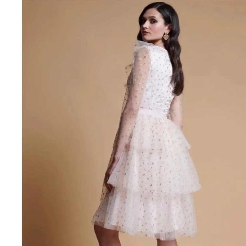 New RACHEL PARCELL Glitter Star Long Sleeve Tulle Mini Dress PARTY Pink Small