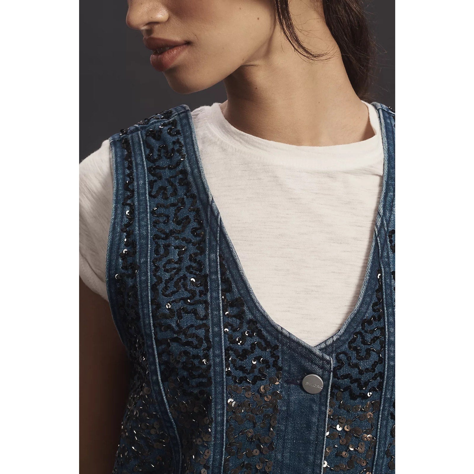 Anthropologie Pilcro Sparkle Denim Button-Front Mini Dress $198 MEDIUM Blue