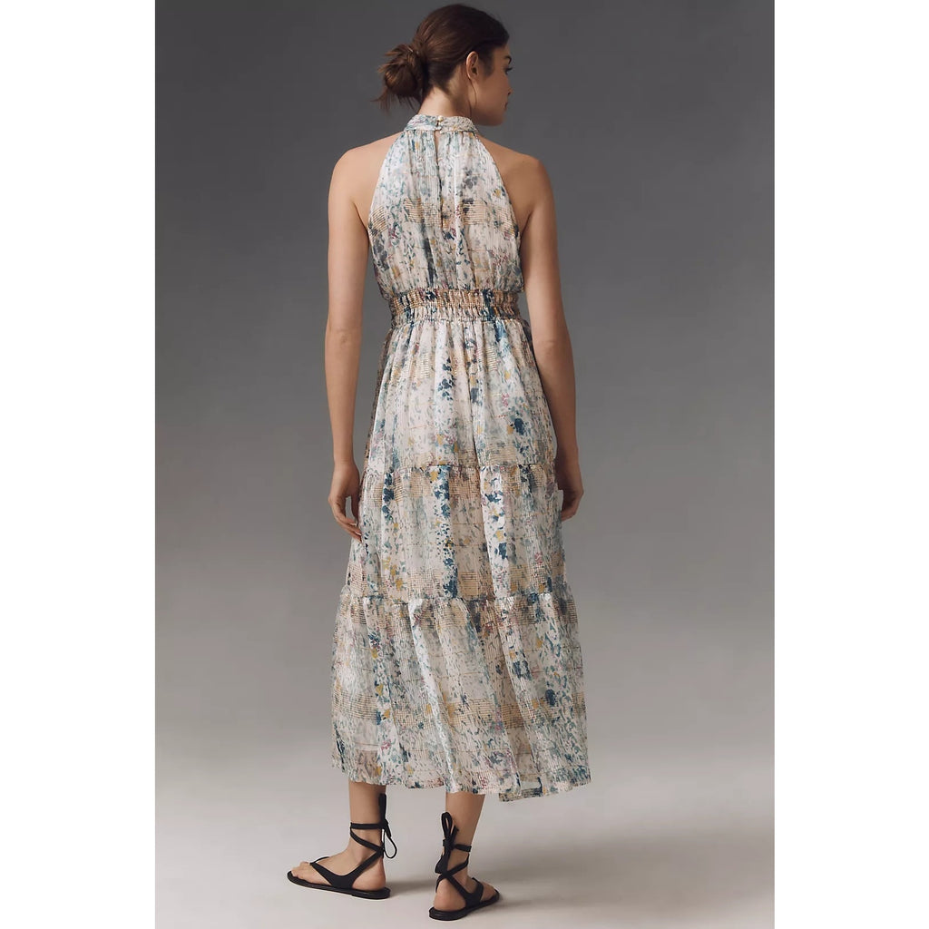 Anthropologie The Somerset Chiffon Maxi Dress SMALL Blue Gold Motif Anthropologie