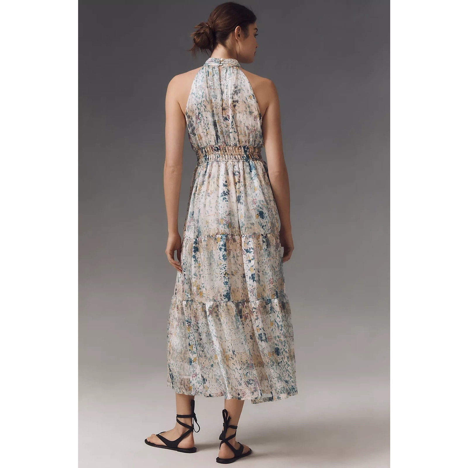 Anthropologie The Somerset Chiffon Maxi Dress SMALL Blue Gold Motif Anthropologie