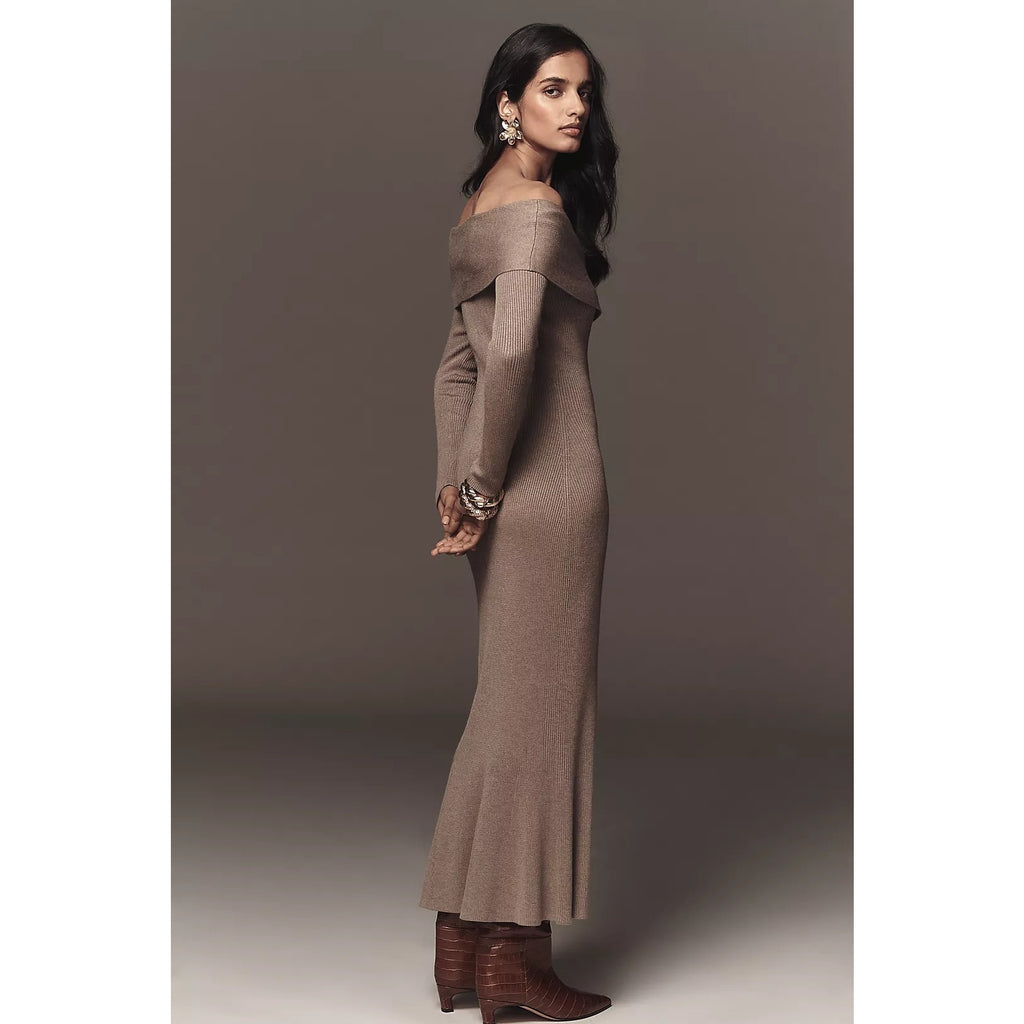 Off-shoulder slim sweater dress, gray knit, long sleeves, flared hem