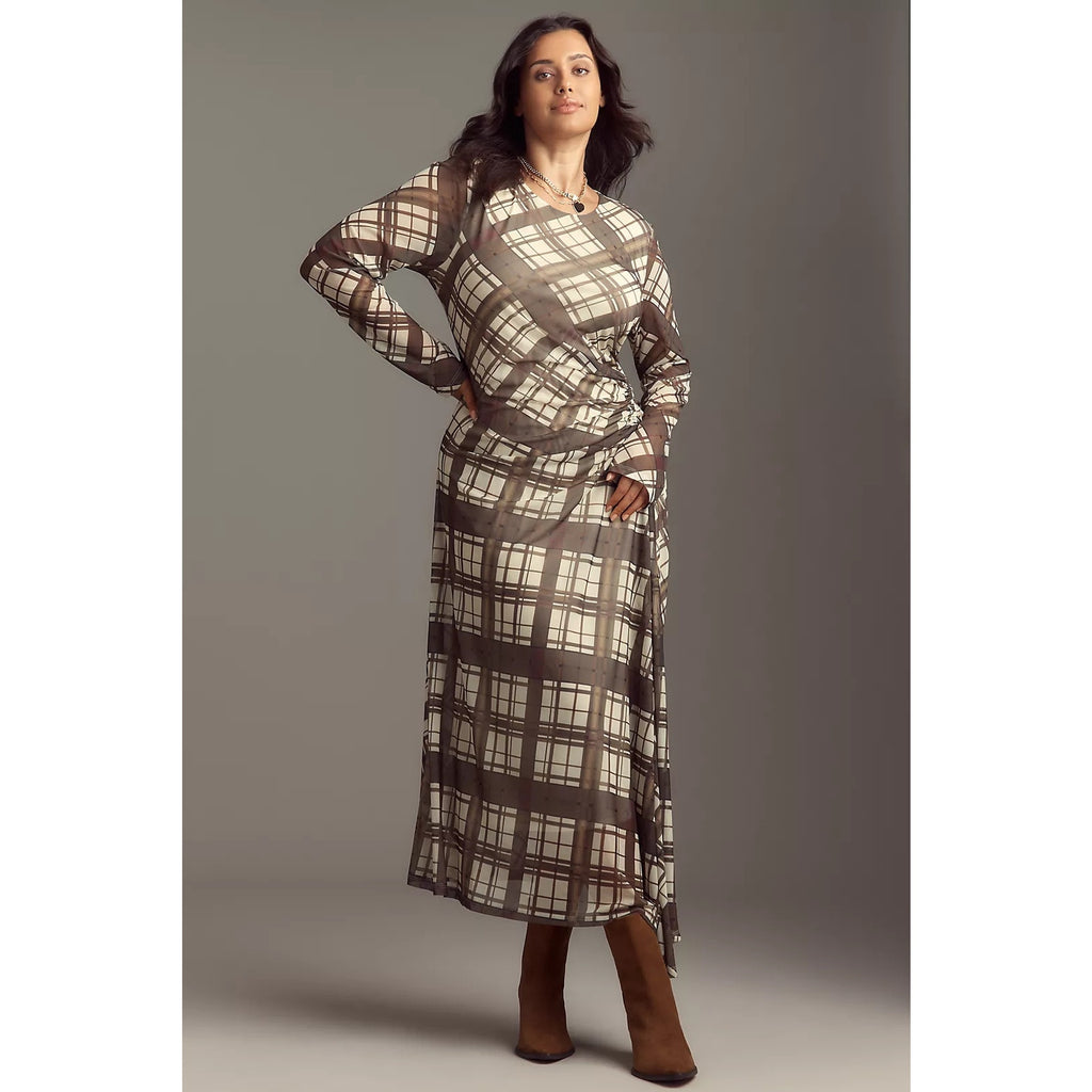 By Anthropologie Long-Sleeve Ruched Mesh Midi Dress X-LARGE Brown Anthropologie