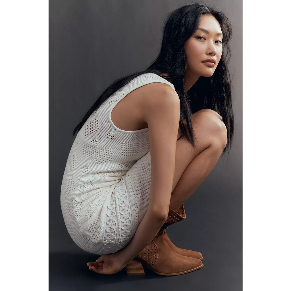 Anthropologie Sleeveless Crochet Boat-Neck Mini Shift Dress LARGE White Anthropologie