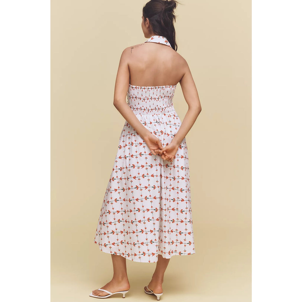 Anthropologie Hutch Alessia Sleeveless Halter Midi Dress LP White/Red Anthropologie