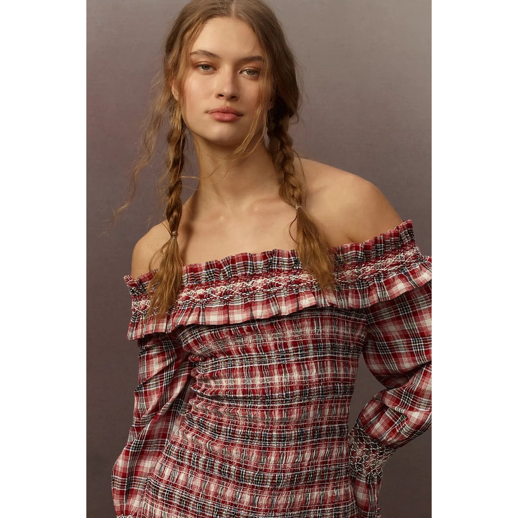 Anthropologie Pilcro Smocked Plaid Mini Dress $168 LARGE Red Long-Sleeve