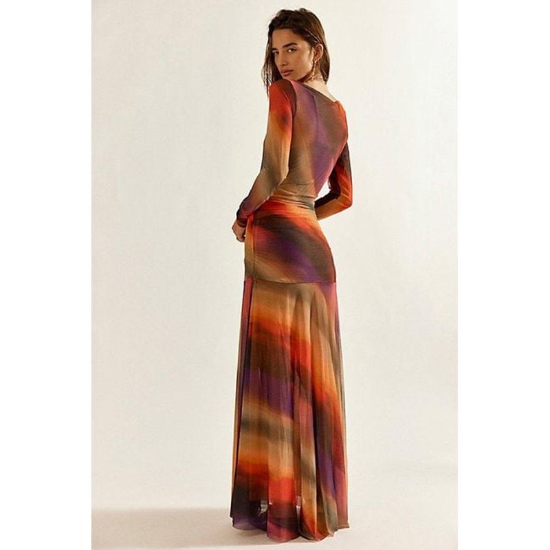 FREE PEOPLE Sunnei Mesh Maxi Dress X-LARGE Sunset Combo Ruched Free People