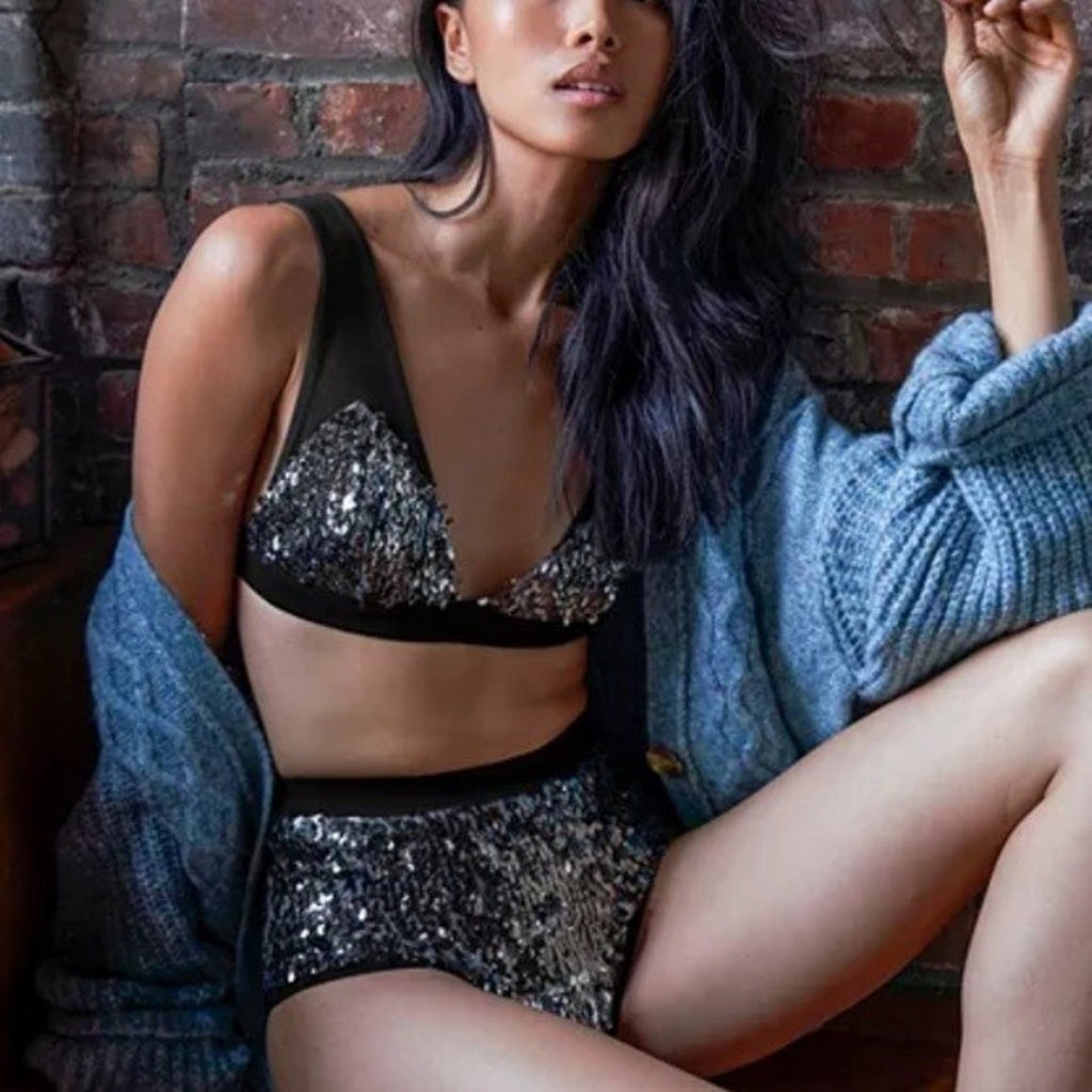 New Free People LET IT SHINE BRALETTE $48 + PANTY $38 SEQUINED X-SMALL Gray