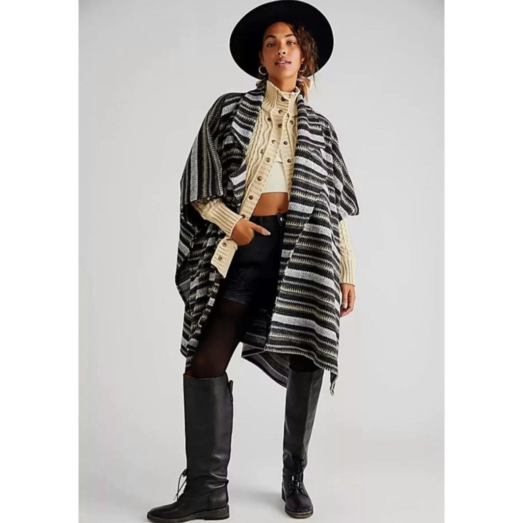 New FREE PEOPLE X Jackson Stripe Oversized Poncho $148 ONESIZE Black