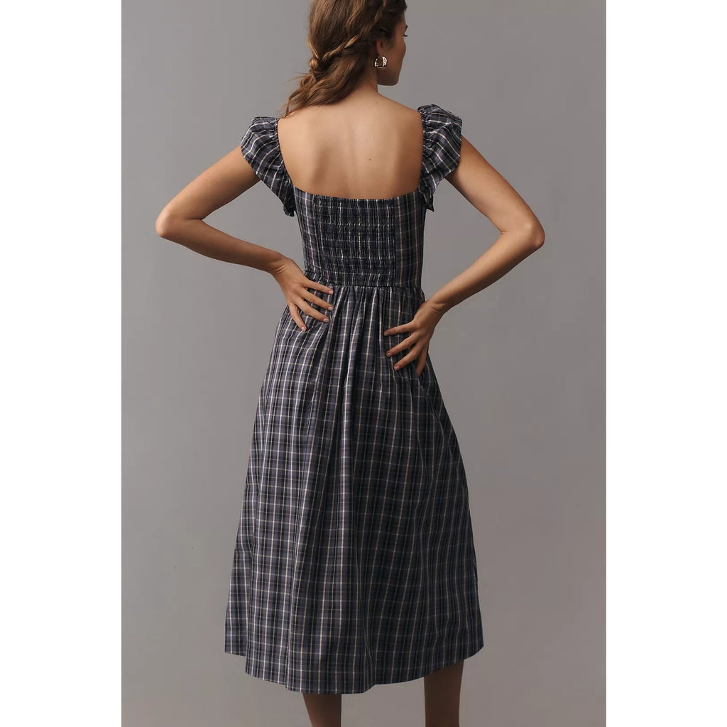 By Anthropologie Flutter-Sleeve Square-Neck Midi Dress SMALL Blue Plaid Anthropologie