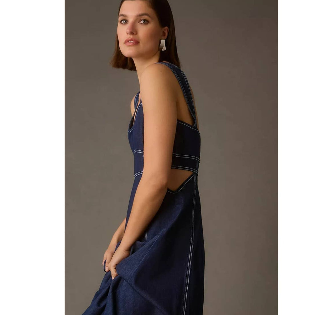 New Anthropologie Aureta Studio Corset Denim Cutout Dress $198  Medium 8/10 Blue