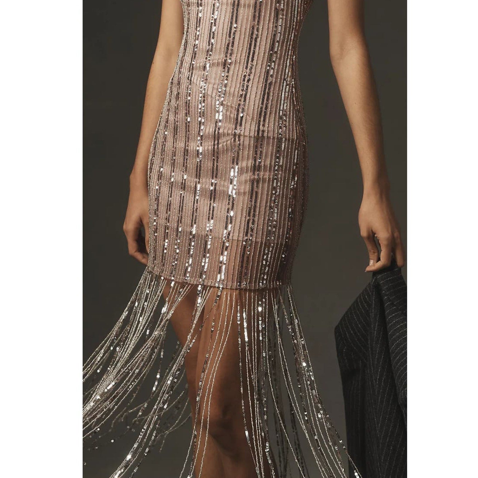 New Anthropologie Maeve Scoop-Neck Beaded Fringe Midi Dress $268 SIZE 14P Mauve