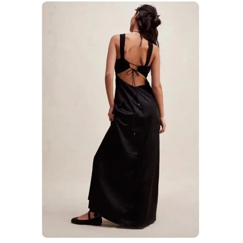 New Free People Gia Maxi Dress Size 4 $250 Silky Black Slip Inspired